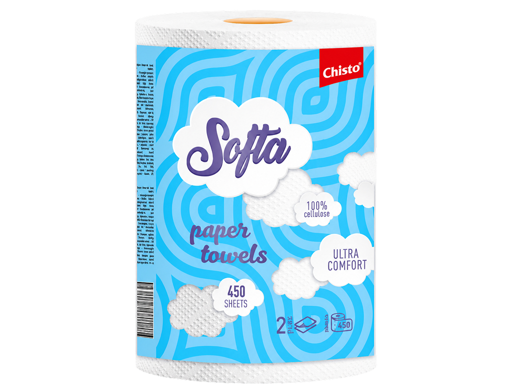 Рушники паперові Chisto Softa, целюлоза, 2 шари, 450 відривів, колір білий