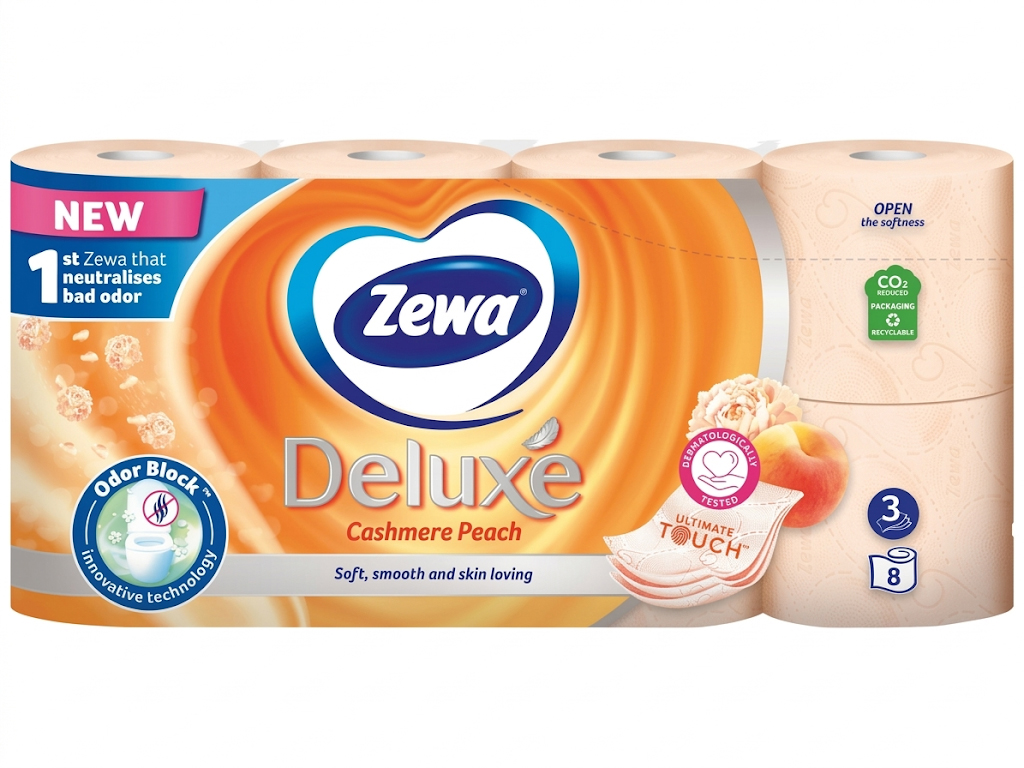 Бумага туалетная Zewa Deluxe Персик, 150 листов, 3 слоя, целлюлоза, аромат персика, 8 рулонов