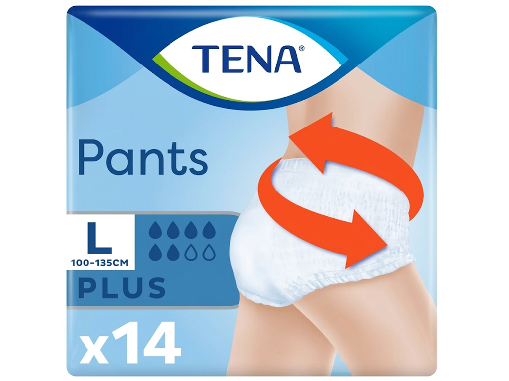 Подгузники‑трусики Tena Pants Plus, размер L, анатомическая форма, 6 капель, 100–135см, 14шт