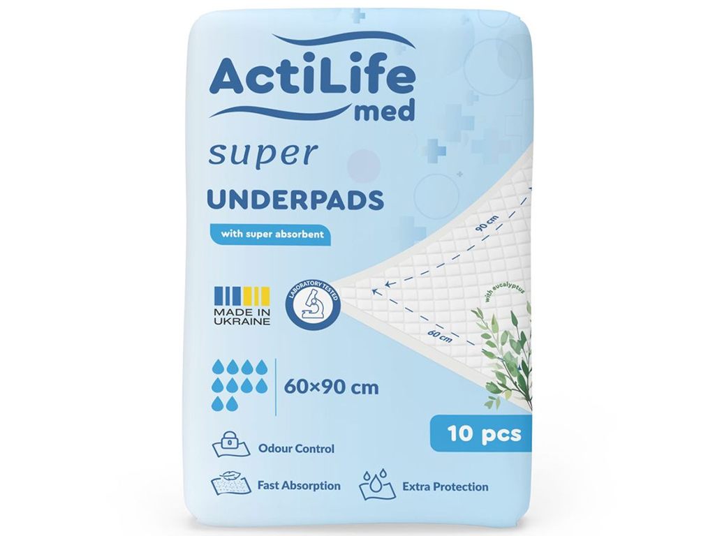 Пелёнки гигиенические ActiLife Med Super, одноразовые, нетканый материал, целлюлоза, 60×90см, 10шт