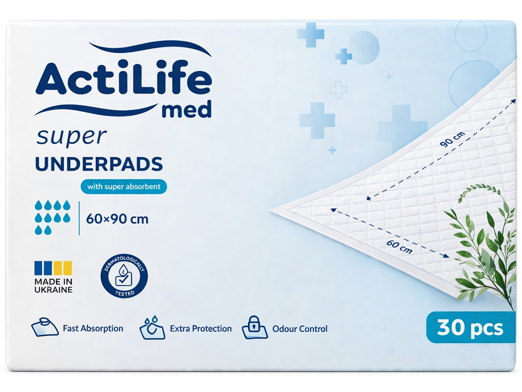 Пелёнки гигиенические ActiLife Med Super, одноразовые, нетканый материал, целлюлоза, 60×90см, 30шт