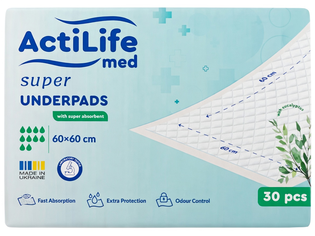 Пелёнки гигиенические ActiLife Med Super, одноразовые, нетканый материал, целлюлоза, 60×60см, 30шт