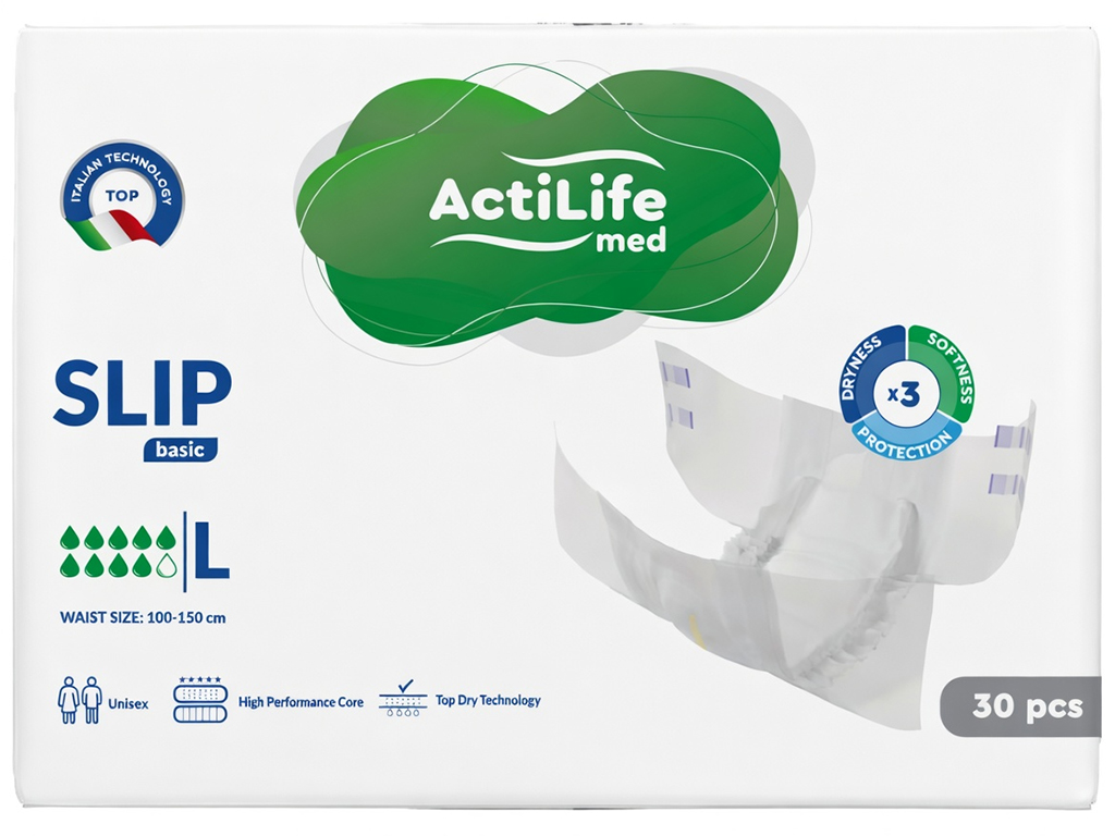 Подгузники для взрослых ActiLife Med Basic L, одноразовые, полиэстер, целлюлоза, 100–150см, 30шт