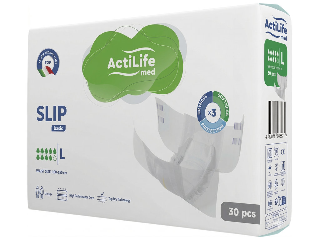 Подгузники для взрослых ActiLife Med Basic L, одноразовые, полиэстер, целлюлоза, 100–150см, 30шт