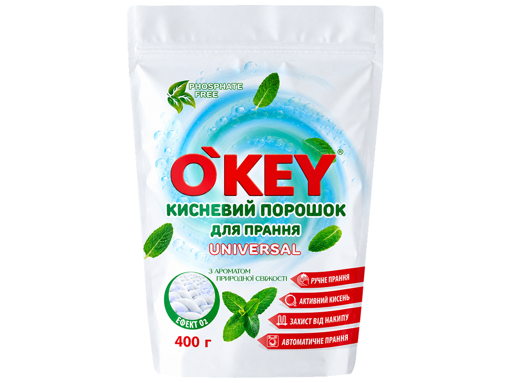 Кисневий пральний порошок O'key Universal, безфосфатний, аромат м'яти, 400 г