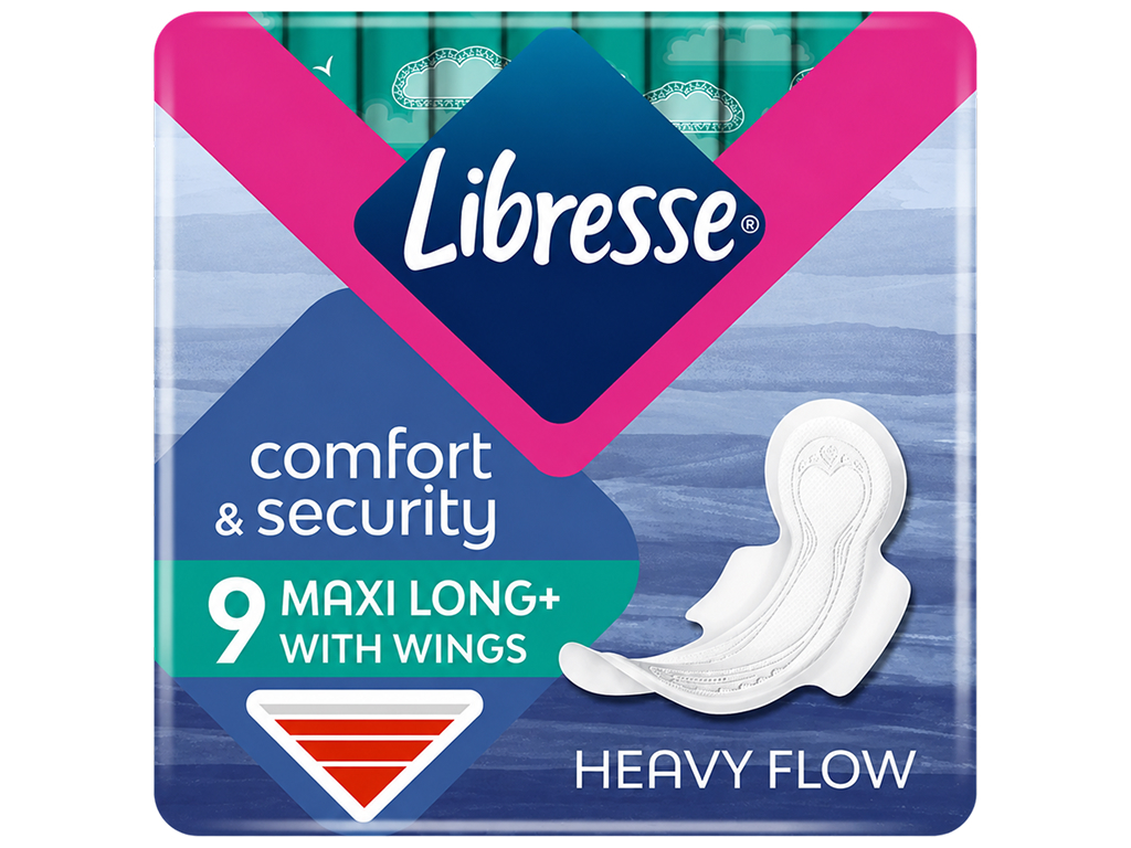 Гігієнічні прокладки Libresse Maxi Long+, з крильцями, для рясних виділень, 9 шт