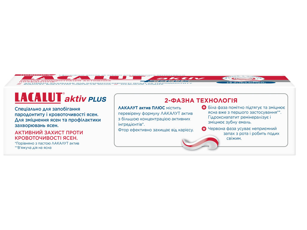 Паста зубная Lacalut Aktiv Plus, двухфазная формула, защита дёсен и реминерализация, 75мл