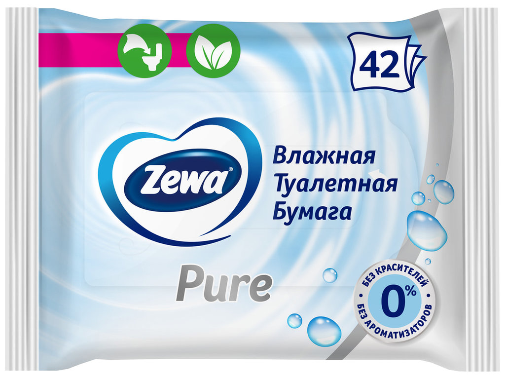 Бумага туалетная влажная Zewa Sensitive, биоразлагаемая, без запаха, целлюлоза с волокнами льна, 42ш