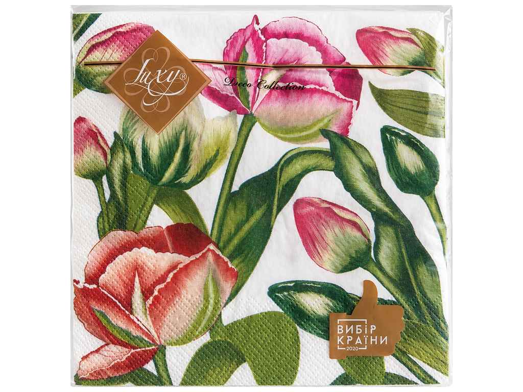 Серветки паперові тришарові Luxy Тюльпани, 33×33 см, 18 шт