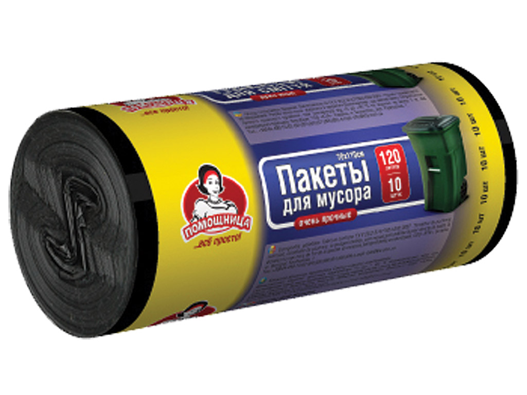 Мусорные пакеты ТМ "Помічниця" 120л 10шт LDPE, 70см х 110см, черные