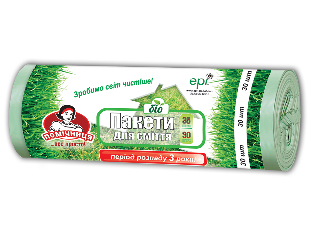 Мусорные пакеты Bio ТМ "Помічниця"  35л 30шт, HDPE, 50см х 60см, зеленые