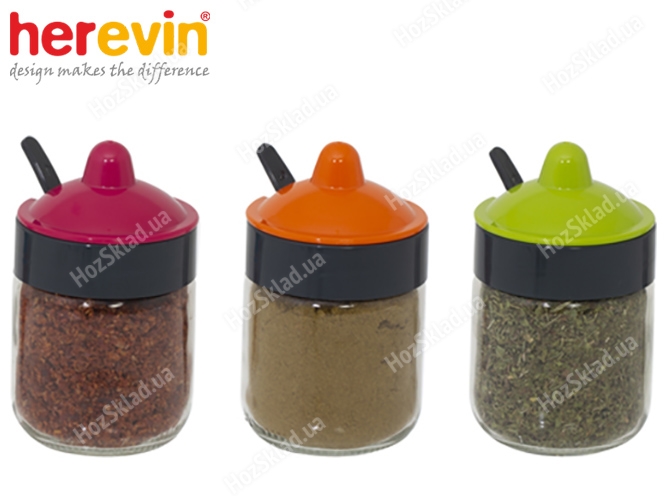 Спецовница с ложкой Herevin Spice Combine Colours MIX стеклянная 200мл 83509