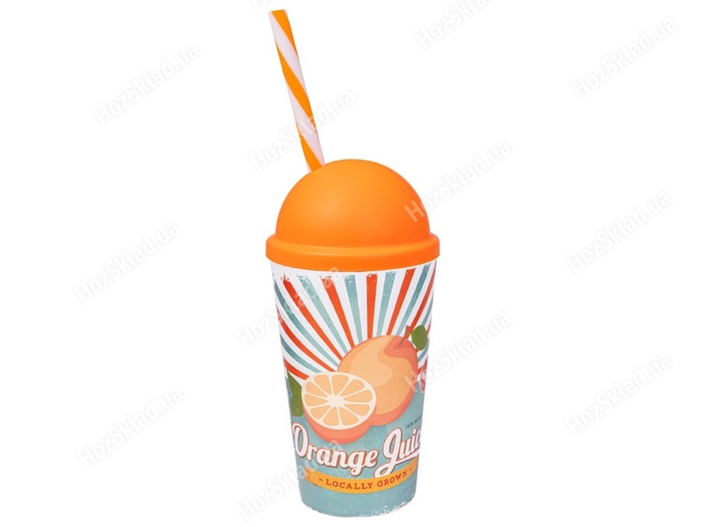 Стакан пластиковый Нerevin с трубочкой и крышкой Orange Juice, 650мл 8690069650210