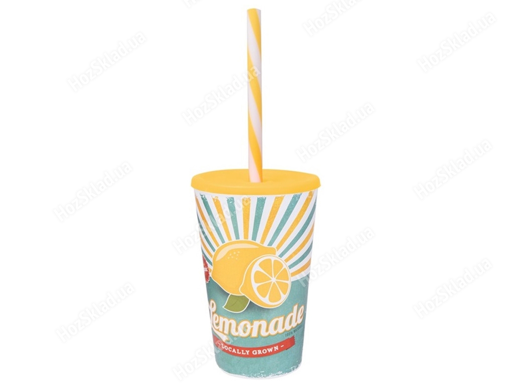 Стакан пластиковый Нerevin с трубочкой и плоской крышкой Lemonade, 650мл 8690069650586