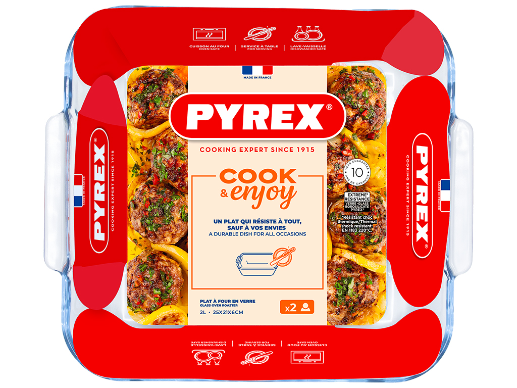 Форма скляна Pyrex, з ручками, квадратна, 25х21х6см, 2л, 313761000127