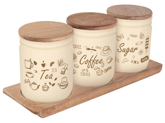 Банка Herevin Wooden Set-Beige-Browm Tea-Coffee-Sugar, 446мл, 8699038098374