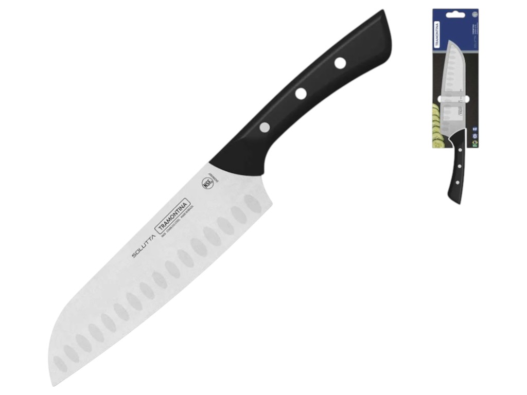 Нож сантоку Tramontina, нержавеющая сталь, ручка поликарбонат, лезвие 184мм, цвет черный