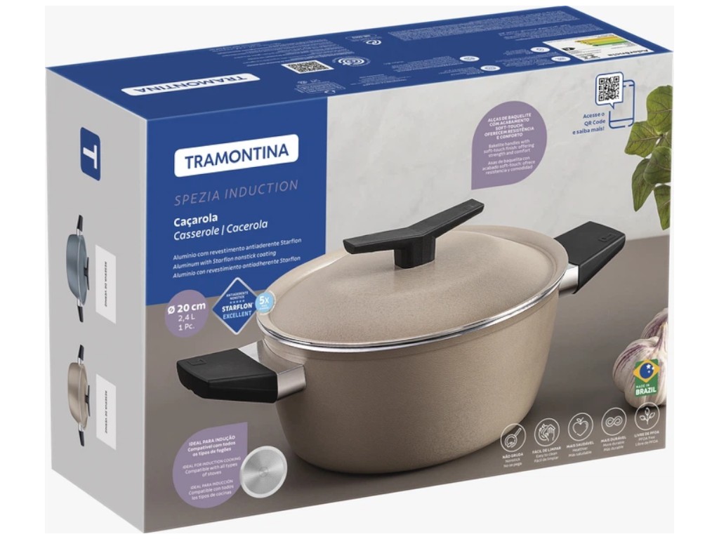 Кастрюля с крышкой Tramontina Spezia Sand, с крышкой, алюминий, 2,4л, 20см, цвет песочный