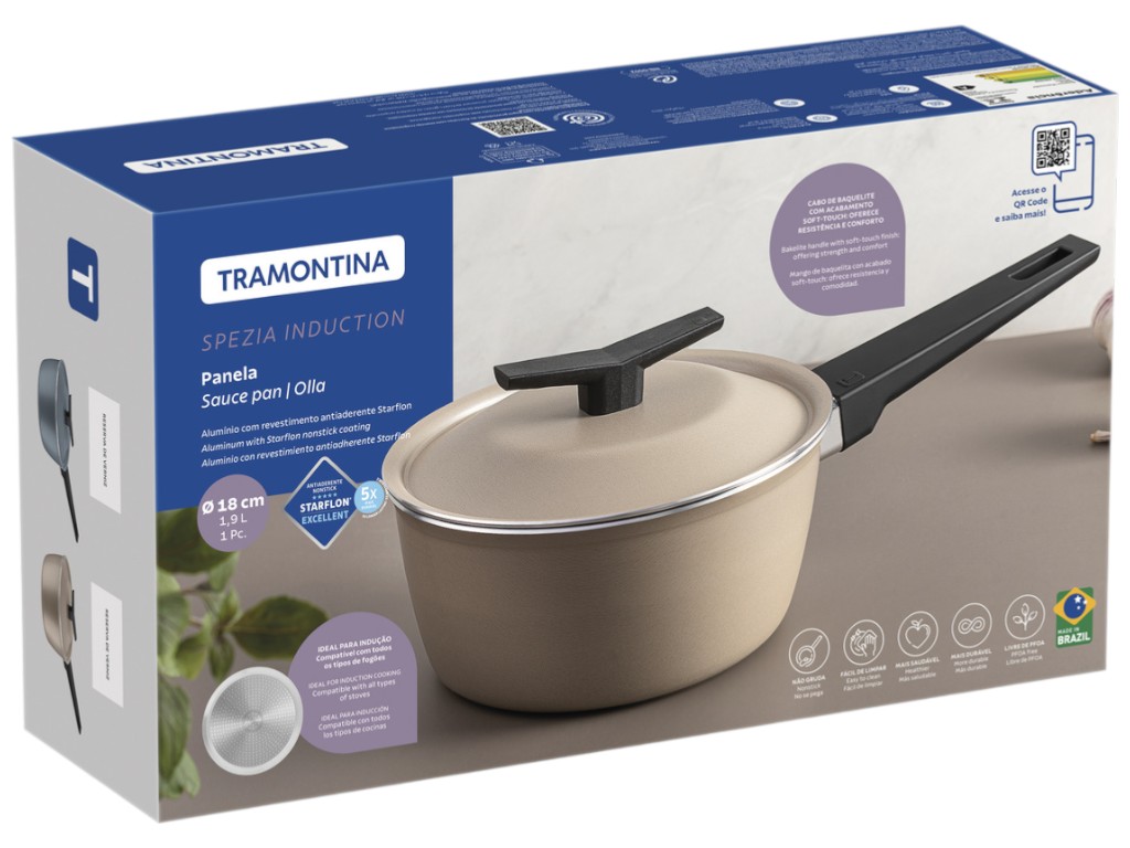 Сотейник Tramontina Spezia Induction, с крышкой, алюминий, 1,9л, 18см, цвет песочный