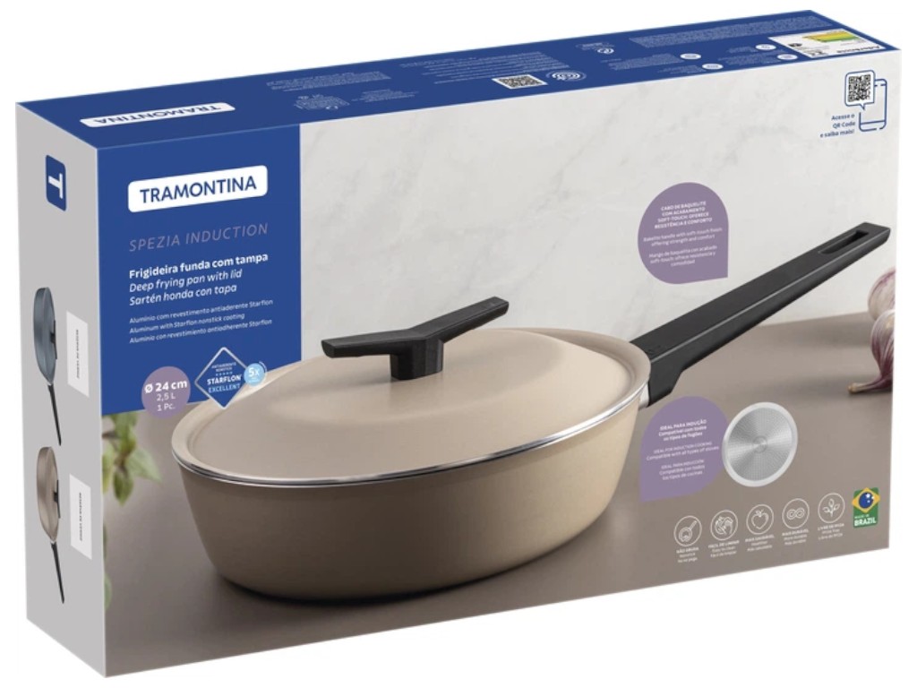 Сковорода глубокая Tramontina Spezia, с крышкой, алюминий, 2,5л, 24см, цвет песочный