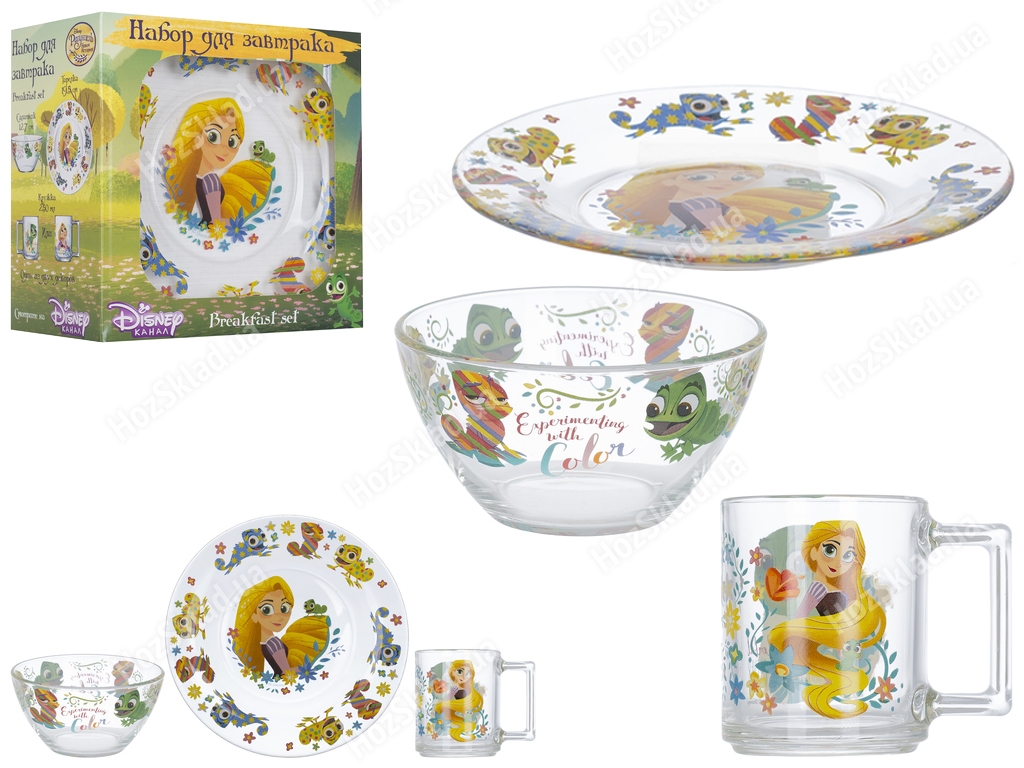 Набор посуды детской стеклянной Disney Рапунцель 3 предмета (чашка, тарелка, супник) 32969