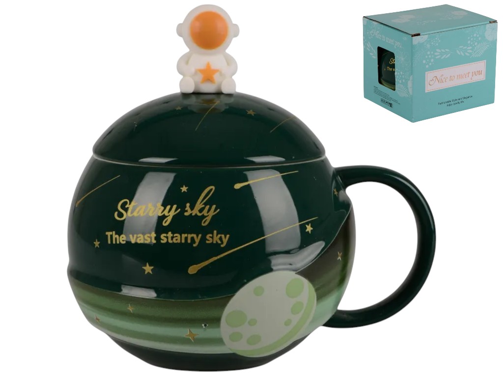 Чашка Led Starry Sky, з кришкою та ложкою, кераміка, 300мл, колір зелений
