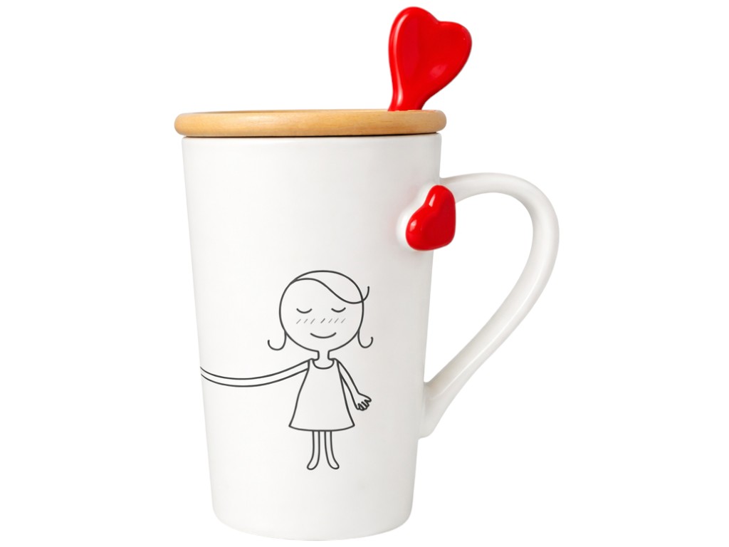 Чашка Led Love Is С, с крышкой и ложкой, фарфор, бамбук, 360мл, цвет белый