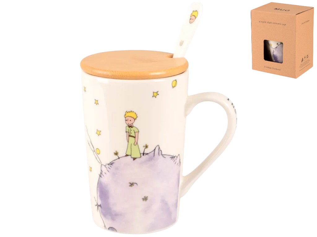 Чашка Led Little Prince, з кришкою та ложкою, порцеляна, бамбук, 360мл, колір бежевий