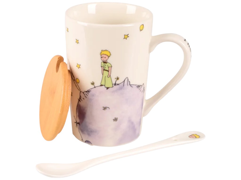 Чашка Led Little Prince, з кришкою та ложкою, порцеляна, бамбук, 360мл, колір бежевий
