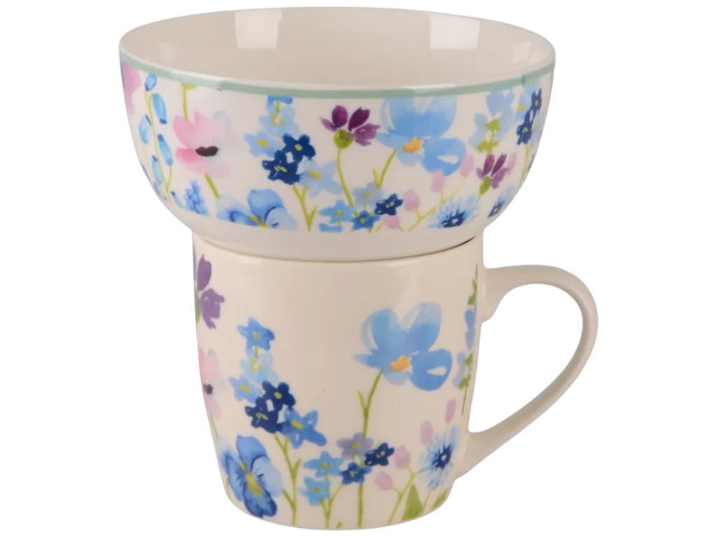 Сервиз столовый Limited Edition Flowers Blue, чашка, пиала, 345мл, 480мл, фарфор, цвет кремовый