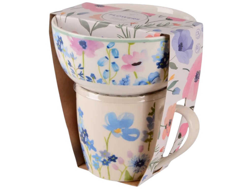 Сервиз столовый Limited Edition Flowers Blue, чашка, пиала, 345мл, 480мл, фарфор, цвет кремовый