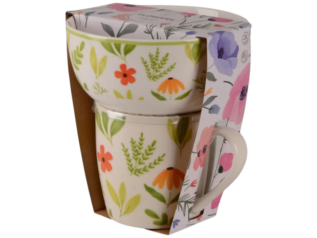 Сервіз столовий Flowers Green, чашка, піала, порцеляна, 345мл, 480мл, колір кремовий