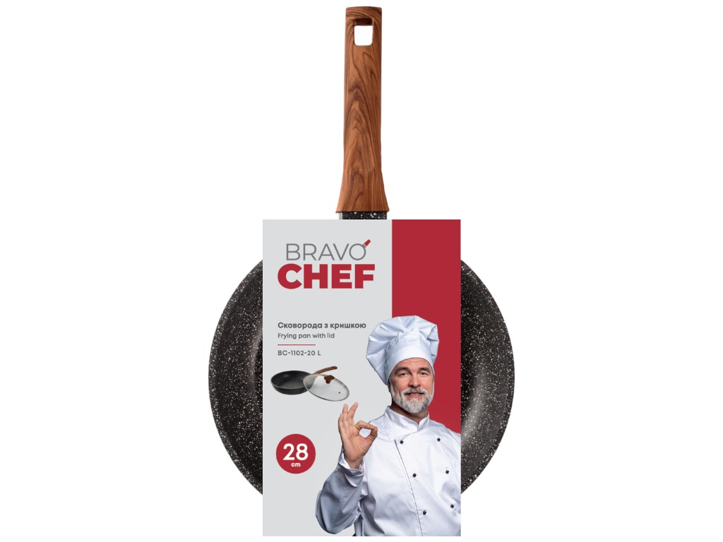 Сковорода глубокая Bravo Chef, с крышкой, кованый алюминий, 28см, цвет серый