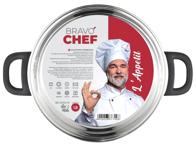 Кастрюля Bravo Chef L"Appetit, с бакелитовыми ручками, 22см, 3,8л, 6900068378025