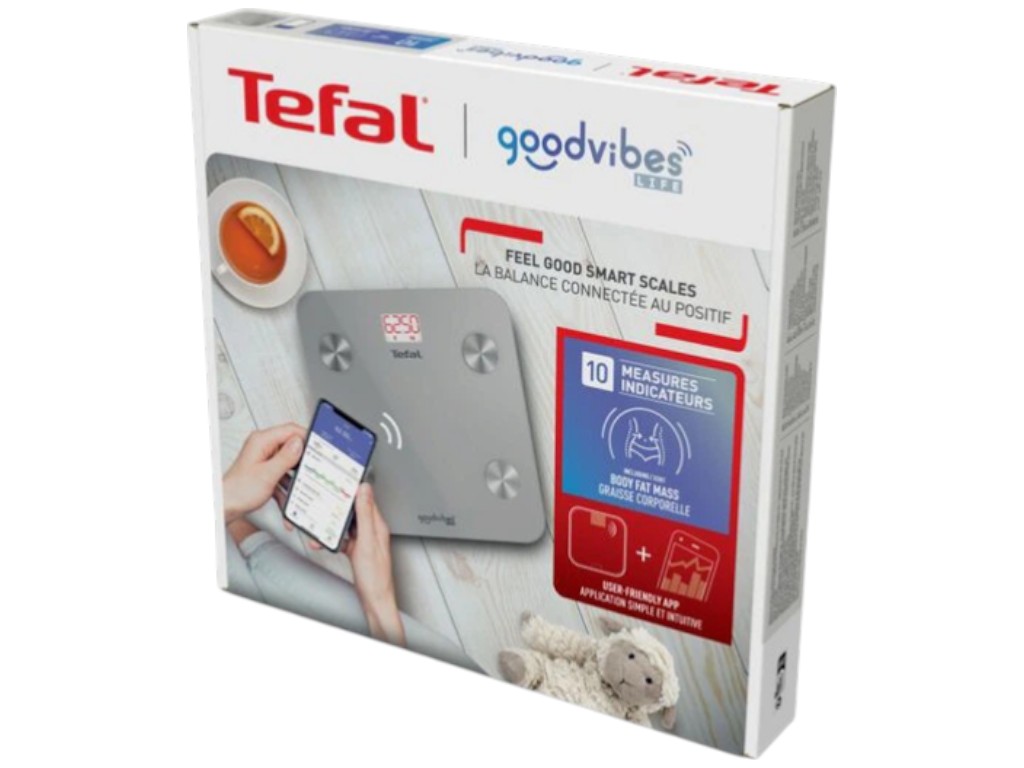 Смарт-весы напольные Tefal, 160кг, 3хAAA, Bluetooth, стекло, металл, 28х28х2,4см, цвет серебристый
