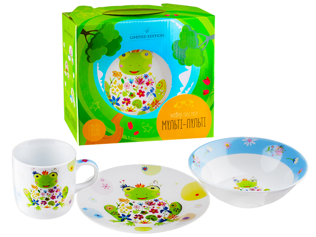 Набір посуду дитячого фарфор. Limited Edition "Multi Frog" 3 предмети (чашка, тарілка, супник) 73221