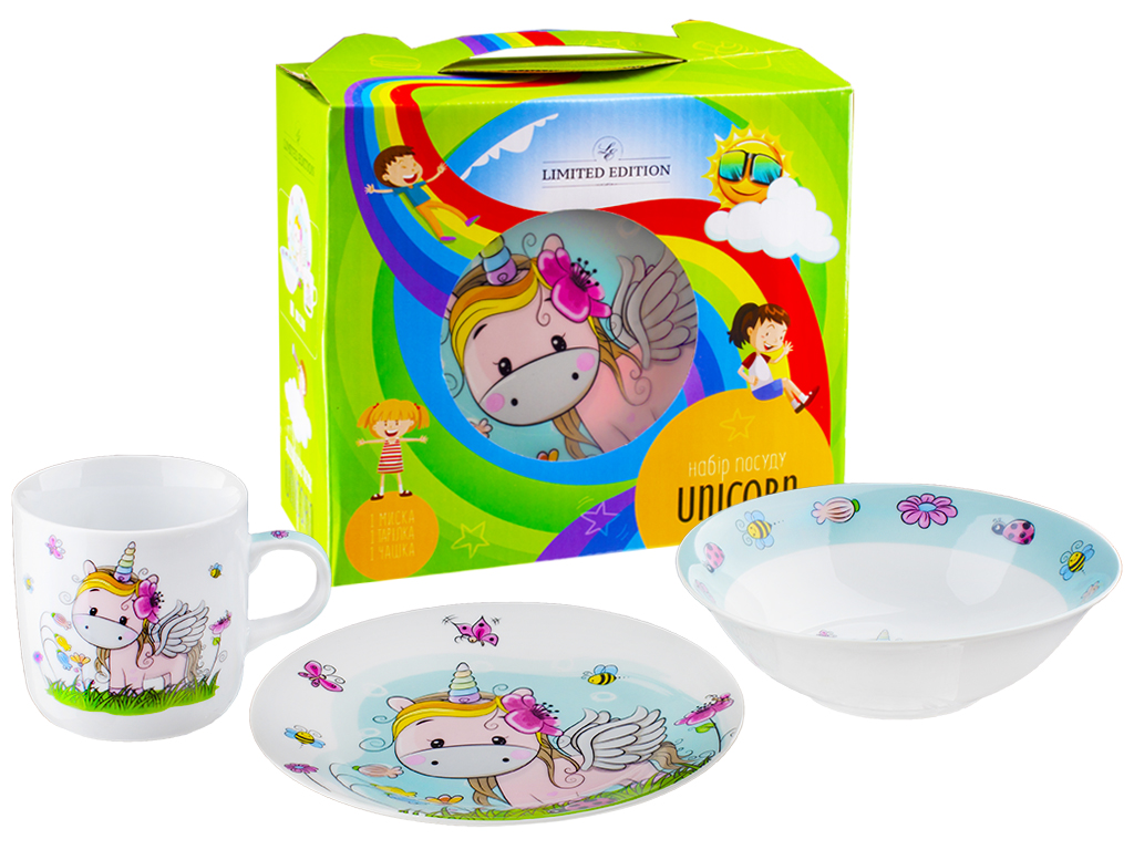 Набір посуду дитячого порцелянового Limited Edition "Unicorn" 3 пр. (чашка, тарілка, супник) 04324