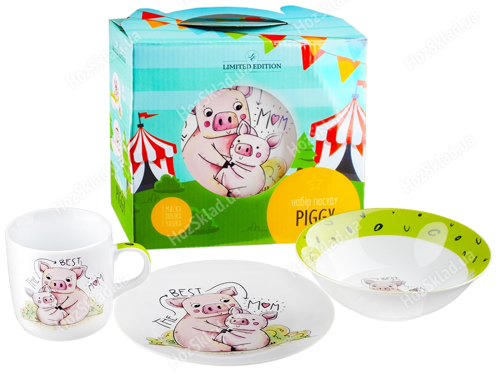 Набір посуду дитячого порцелянового Limited Edition Piggy 3 предм. (чашка, тарілка, супник) 04263