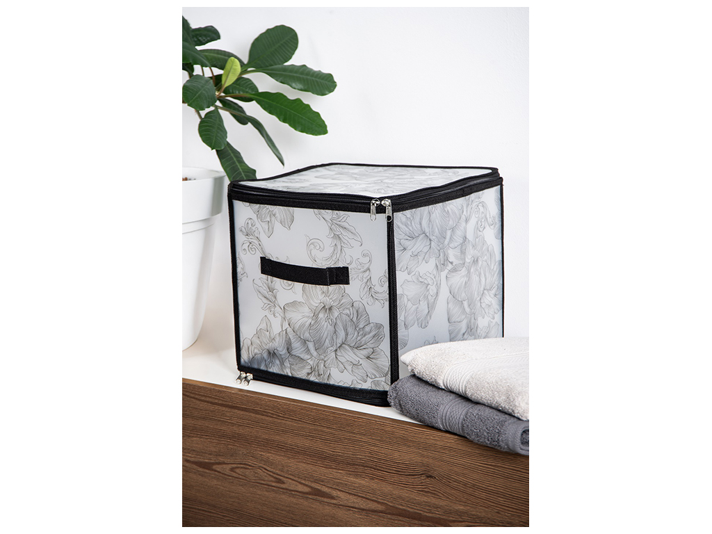 Корзина з кришкою Idea Home Anthracite Flowers, квадратна, з блискавкою, 30x30x30см, 6900070585572