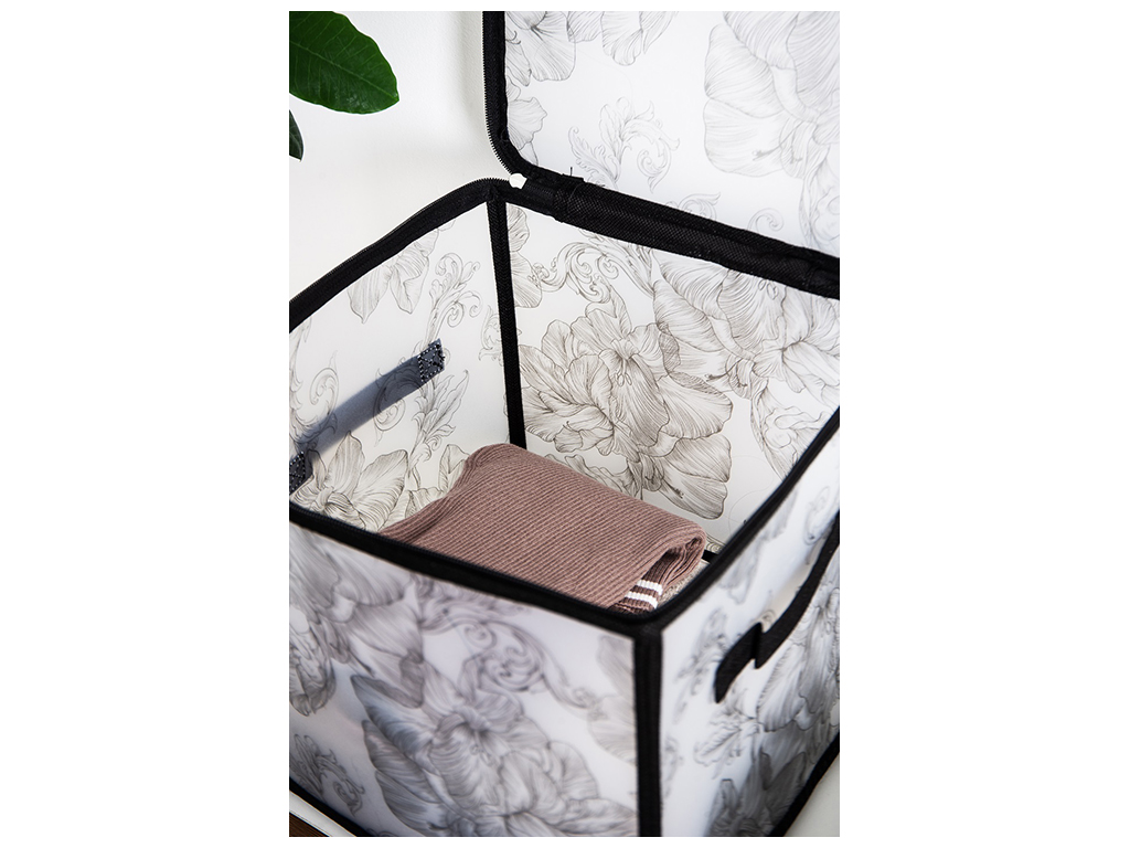 Корзина з кришкою Idea Home Anthracite Flowers, квадратна, з блискавкою, 30x30x30см, 6900070585572