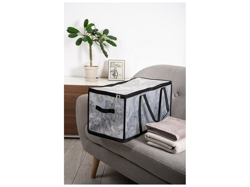 Корзина з кришкою Idea Home Anthracite Flowers прямокутна, з блискавкою, 60x30x30см, 6900070585602