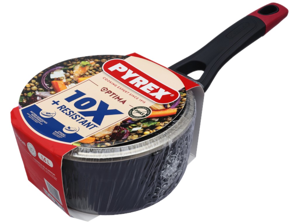 Ківш Pyrex Optima, з кришкою, антипригарний, алюміній, скло, бакеліт, 1,6л, 18см, колір чорний