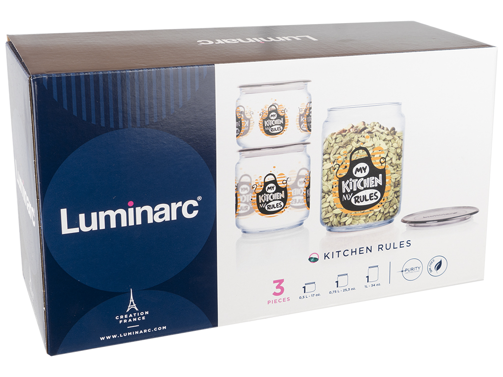 Набор банок Luminarc Kitchen Rules Plano Grey 3 предмета, серая крышка (500мл, 750мл, 1л) 94052