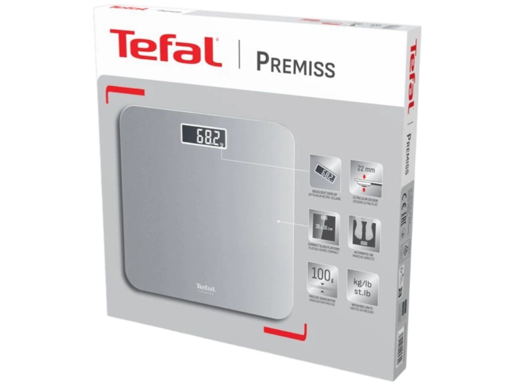 Ваги підлогові Tefal Premiss, 160кг, 2xААА, загартоване скло, 30x30х1, 8см, колір срібло