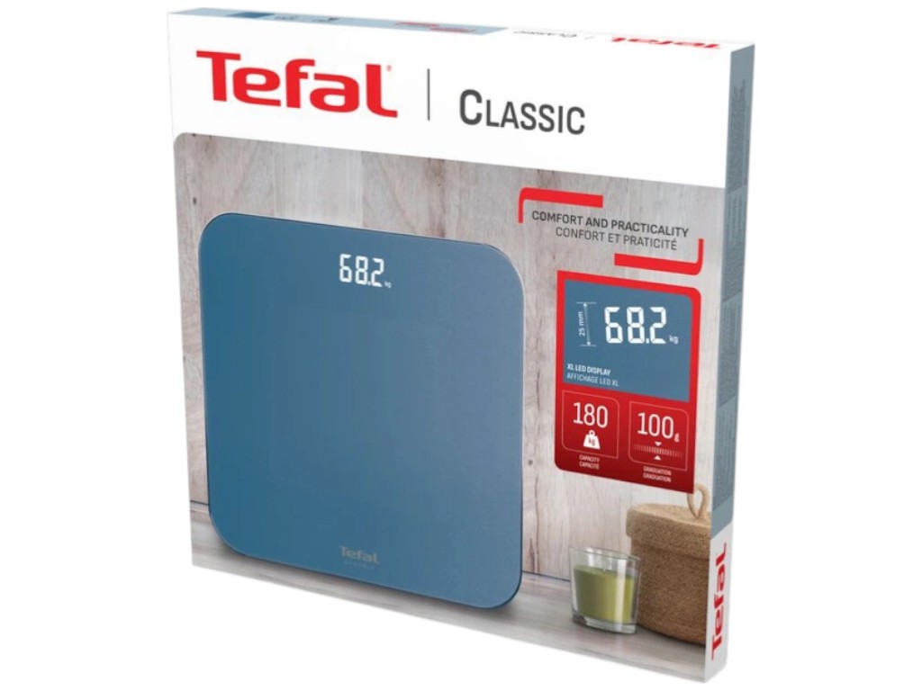 Весы напольные Tefal Classic, 180кг, 3xААА, закаленное стекло, 31x31х1,8см, цвет светло-синий