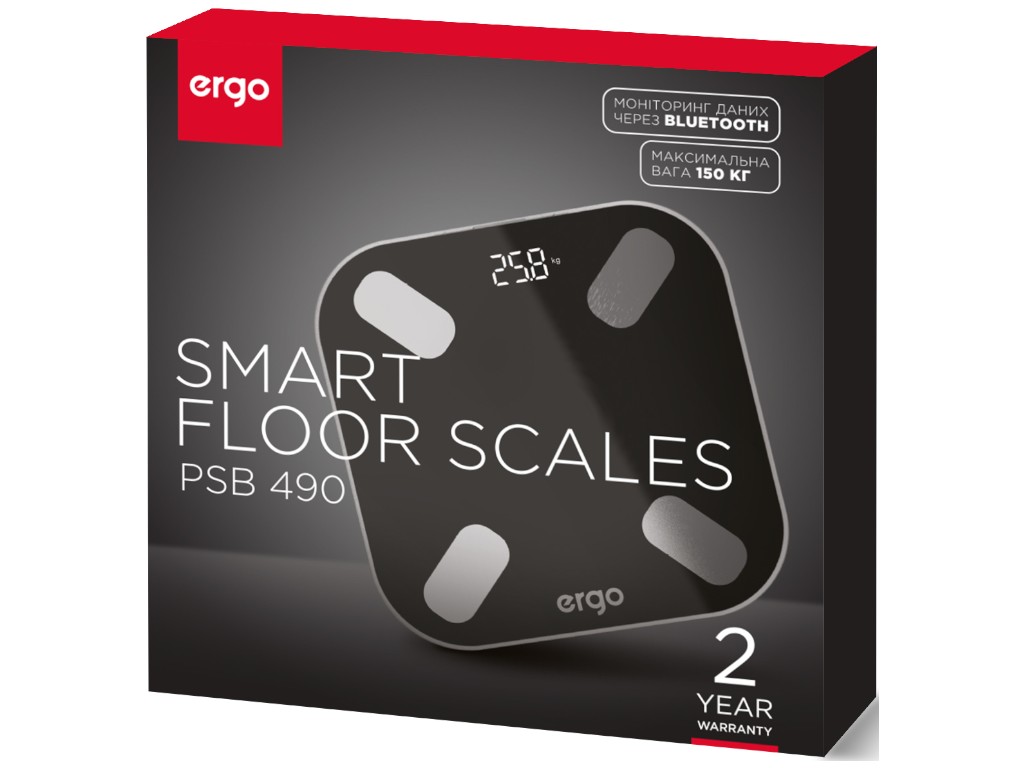 Весы напольные электронные Ergo PSB 490, до 150 кг, Bluetooth, 3×AAA, стекло, 28×28см, цвет черный