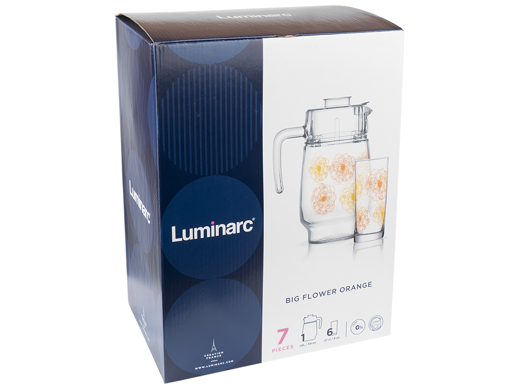Набор для напитков Luminarc Big Flower Orange 7 предметов (кувшин 1,6л, стакан 270мл 6шт) 69088