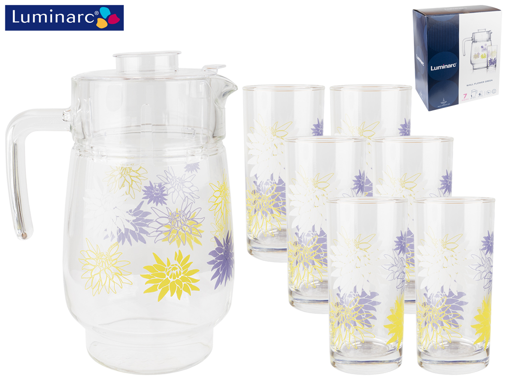 Набір для напоїв Luminarc Wall Flower Green 7 предметів (глечик 1,6л, склянка 270мл 6шт) 69576