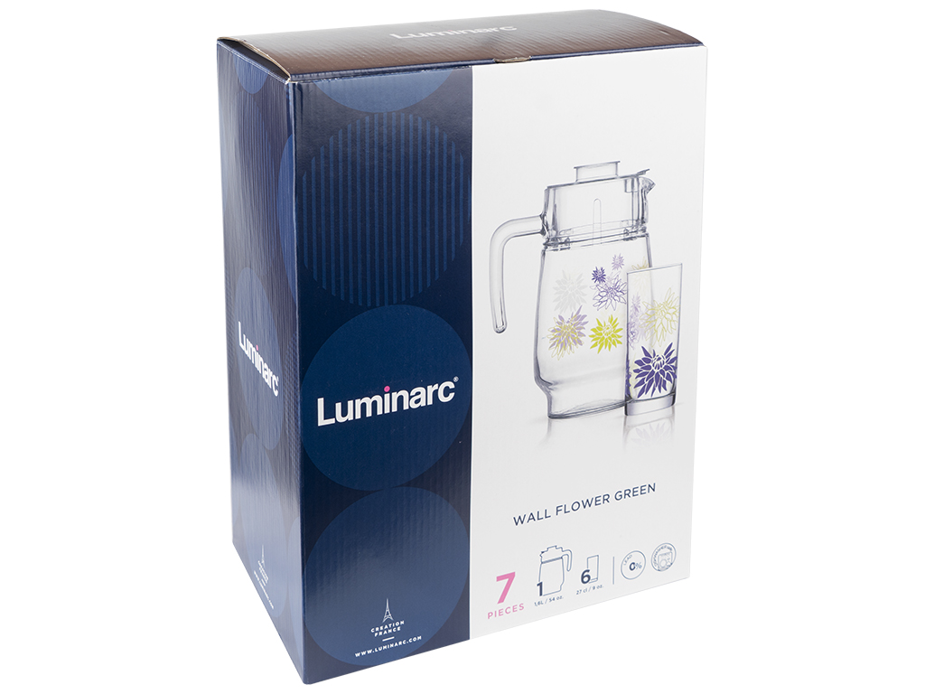 Набір для напоїв Luminarc Wall Flower Green 7 предметів (глечик 1,6л, склянка 270мл 6шт) 69576