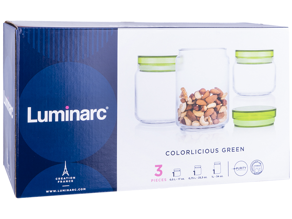 Набір банок Jar Colorlicious для сипучих, 500мл, 750мл, 1л, зелений (ціна за набір 3шт) 36086